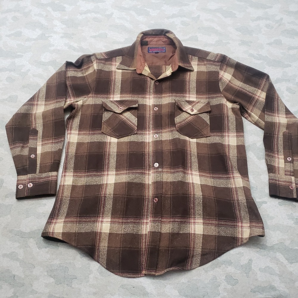 Vintage Pendleton Shirt Mens Large Brown Western Plaid Long Sleeve Button-Up